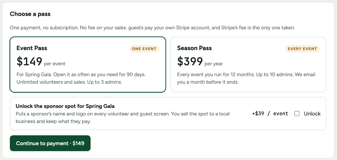 The Billing tab with the Event Pass and Season Pass