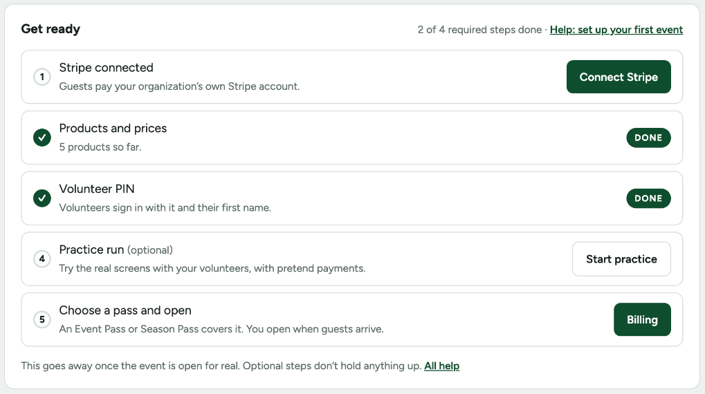 The Get ready checklist on an event page, with Stripe to connect and products and PIN done