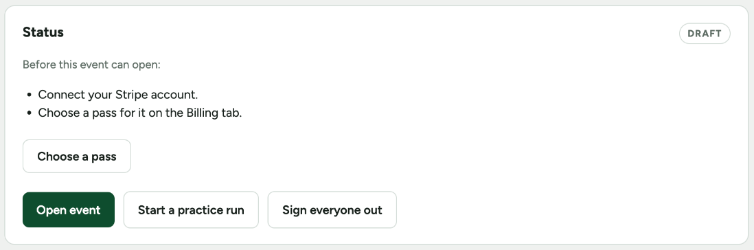 The Status section with Open event and Start a practice run buttons